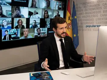 El presidente del Partido Popular Pablo Casado, durante la videoconferencia con la Comisión de seguimiento del COVID-19 del PP El presidente del Partido Popular Pablo Casado, durante la videoconferencia con la Comisión de seguimiento del COVID-19 del PP