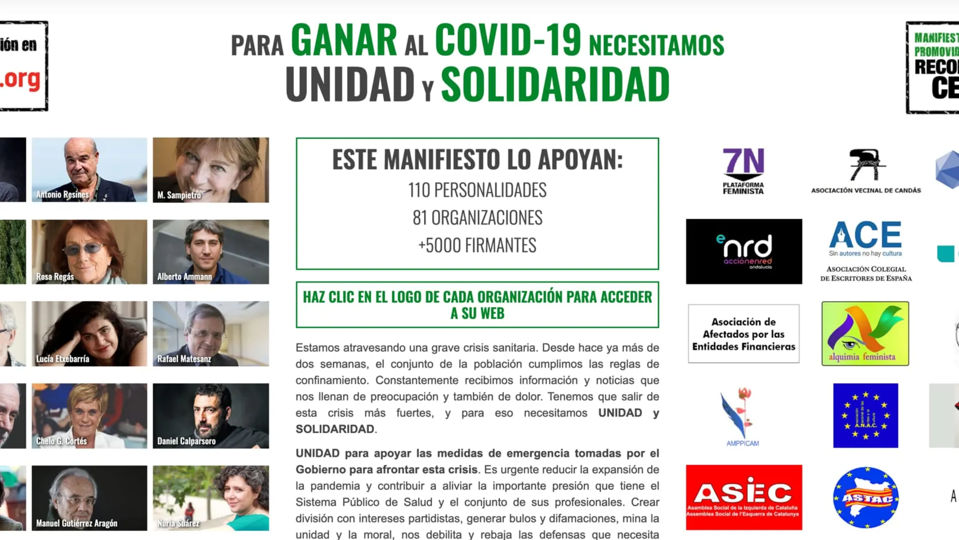 Manifiesto 'Para ganar al COVID-19 necesitamos UNIDAD y SOLIDARIDAD’. Manifiesto 'Para ganar al COVID-19 necesitamos UNIDAD y SOLIDARIDAD’.