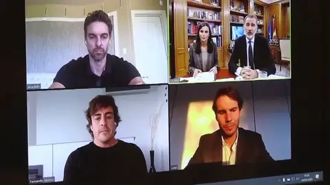 Nadal, Pau Gasol y Fernando Alonso participan en una videoconferencia con los Reyes para desarrollar un plan que recupera la imagen de España Nadal, Pau Gasol y Fernando Alonso participan en una videoconferencia con los Reyes para desarrollar un plan que recupera la imagen de España