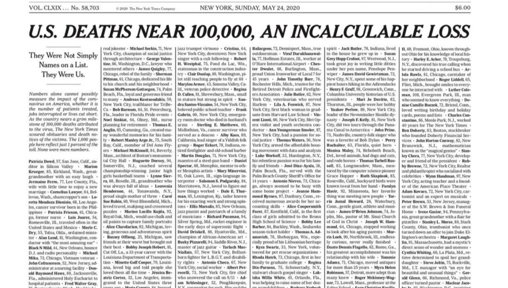 La impactante portada del 'The New York Times' con los nombres de las víctimas del coronavirus 