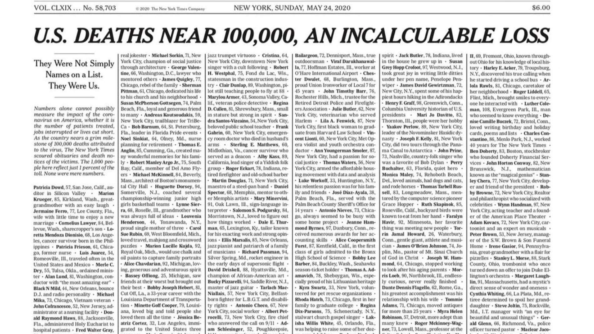 La impactante portada del &#39;The New York Times&#39; con los nombres de las víctimas del coronavirus 
