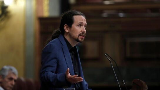 El vicepresidente segundo del Gobierno, Pablo Iglesias, durante su intervenci&oacute;n en el pleno celebrado este mi&eacute;rcoles en el Congreso. 