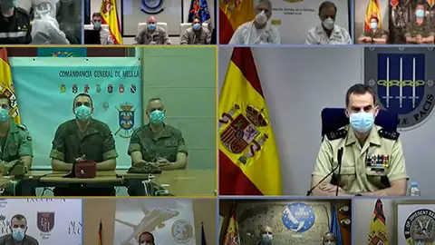 Captura de la videoconferencia del rey Felipe VI y Margarita Robles por el Día de las Fuerzas Armadas Captura de la videoconferencia del rey Felipe VI y Margarita Robles por el Día de las Fuerzas Armadas