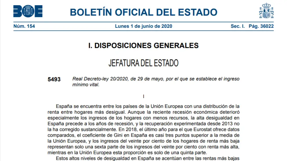 BOE del 1 de junio de 2020 sobre el ingreso m&iacute;nimo vital en PDF