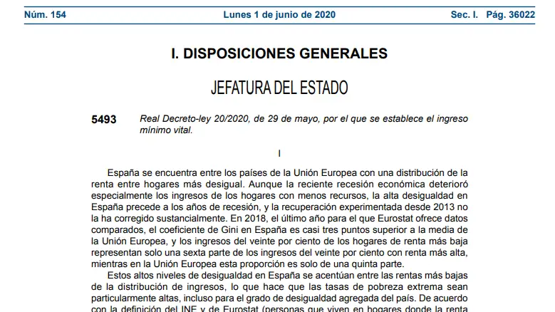 El Boletín Oficial del Estado publica los detalles del Ingreso Mínimo Vital que se pone hoy en marcha El Boletín Oficial del Estado publica los detalles del Ingreso Mínimo Vital que se pone hoy en marcha