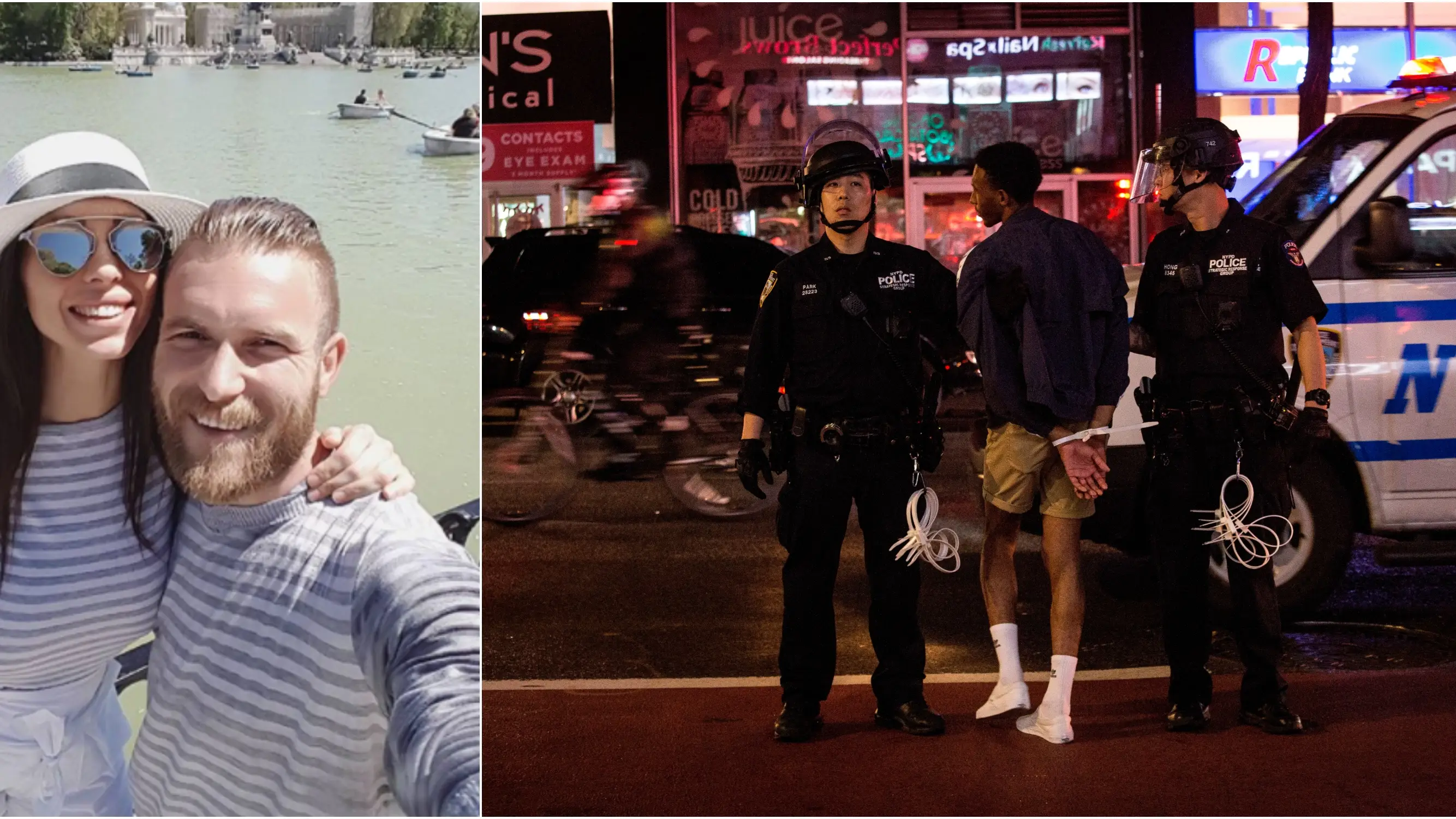 Tea Katay junto a su esposo y una imagen de las protestas en Nueva York