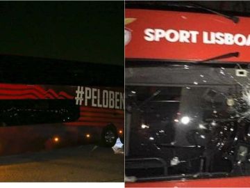 Aspecto del autobús del Benfica tras ser apedreado
