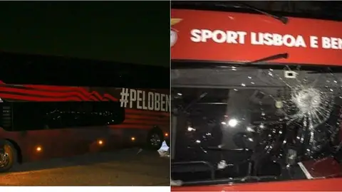 Aspecto del autobús del Benfica tras ser apedreado Aspecto del autobús del Benfica tras ser apedreado