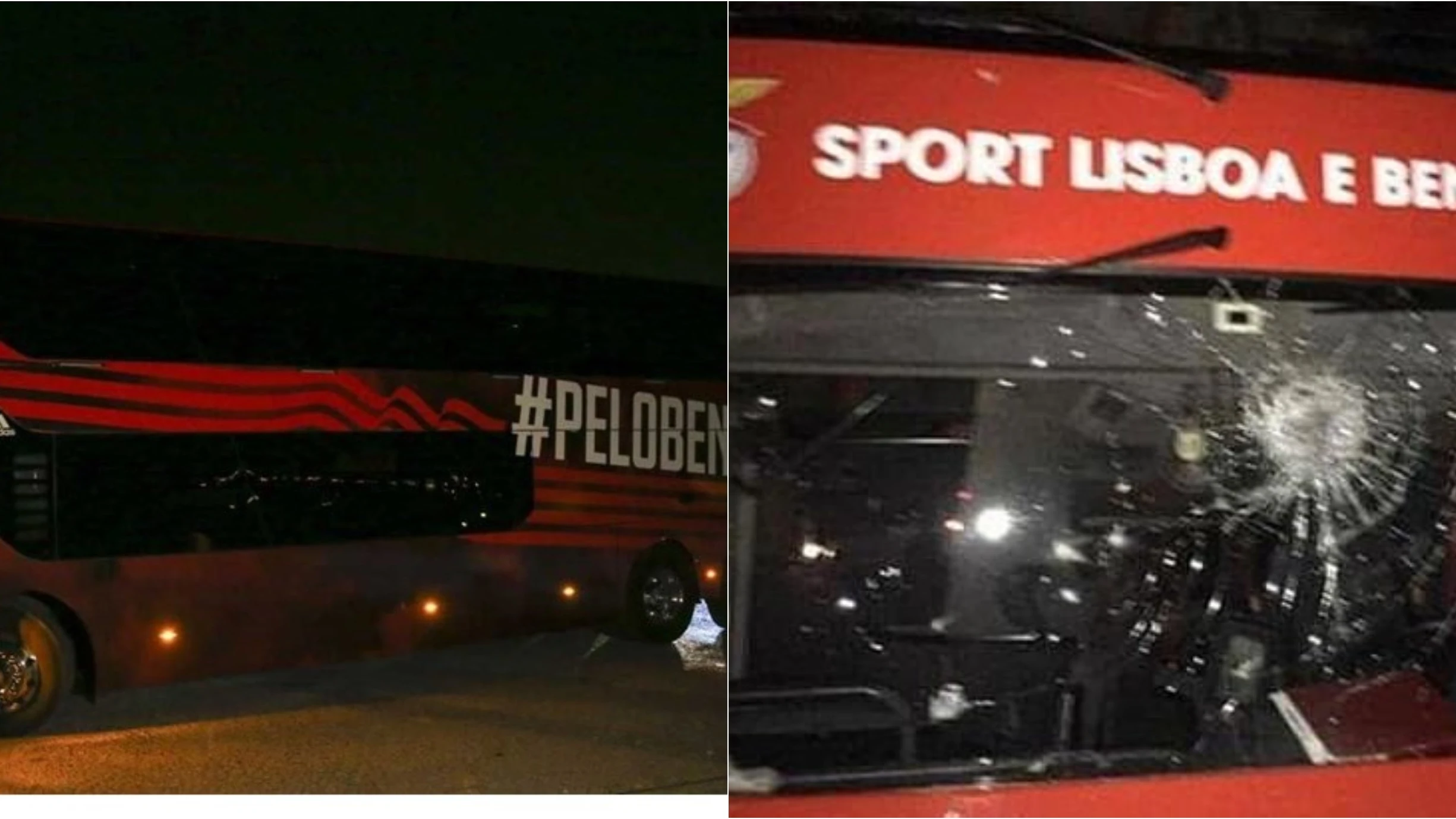Aspecto del autobús del Benfica tras ser apedreado Aspecto del autobús del Benfica tras ser apedreado