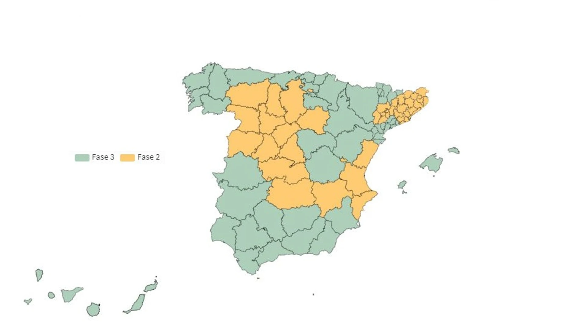 Mapa: España en fase 2 y 3 Mapa: España en fase 2 y 3