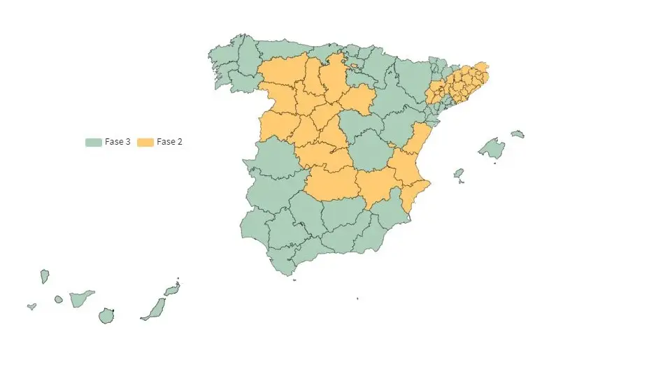 Mapa: España en fase 2 y 3 Mapa: España en fase 2 y 3