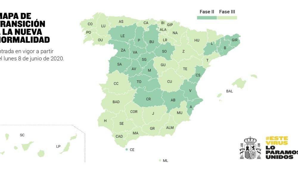 Nuevo mapa de España con las provincias en fase 2 y 3 de la desescalada