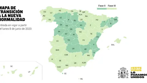 Nuevo mapa de España con las provincias en fase 2 y 3 de la desescalada Nuevo mapa de España con las provincias en fase 2 y 3 de la desescalada