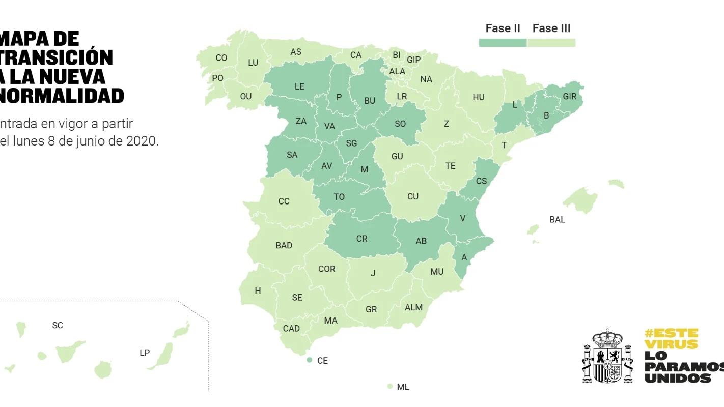 Nuevo mapa de Espa&ntilde;a con las provincias en fase 2 y 3 de la desescalada