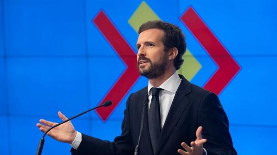 El presidente del PP, Pablo Casado, este lunes en Madrid, durante su intervenci&oacute;n ante la Junta Directiva Nacional del partido