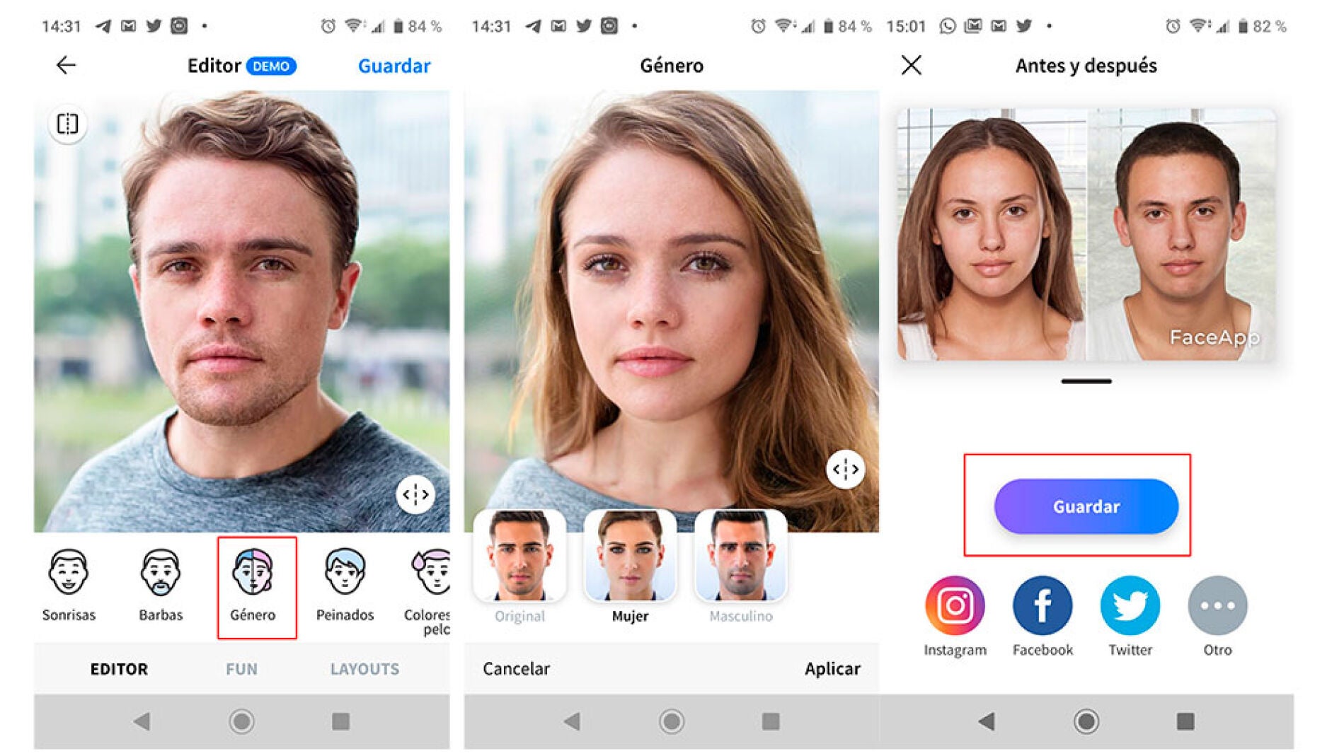 Filtro de g&eacute;nero de FaceApp