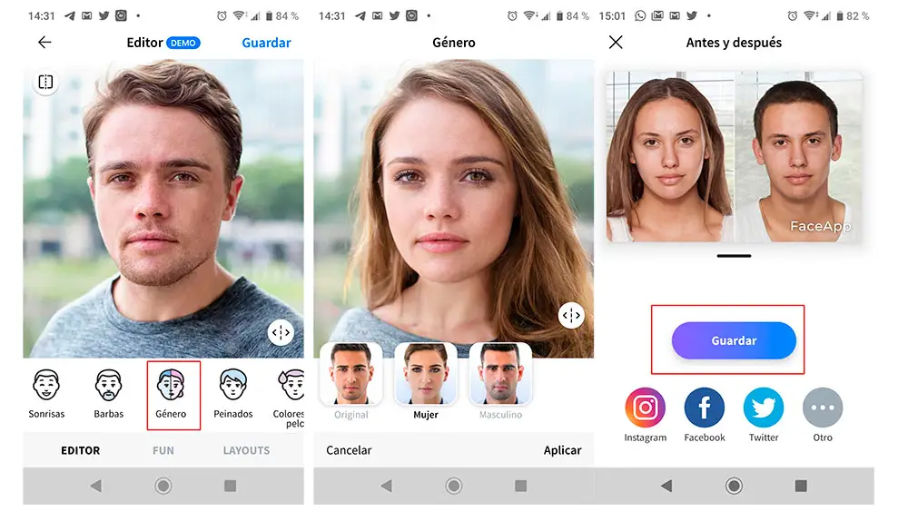 Filtro de g&eacute;nero de FaceApp