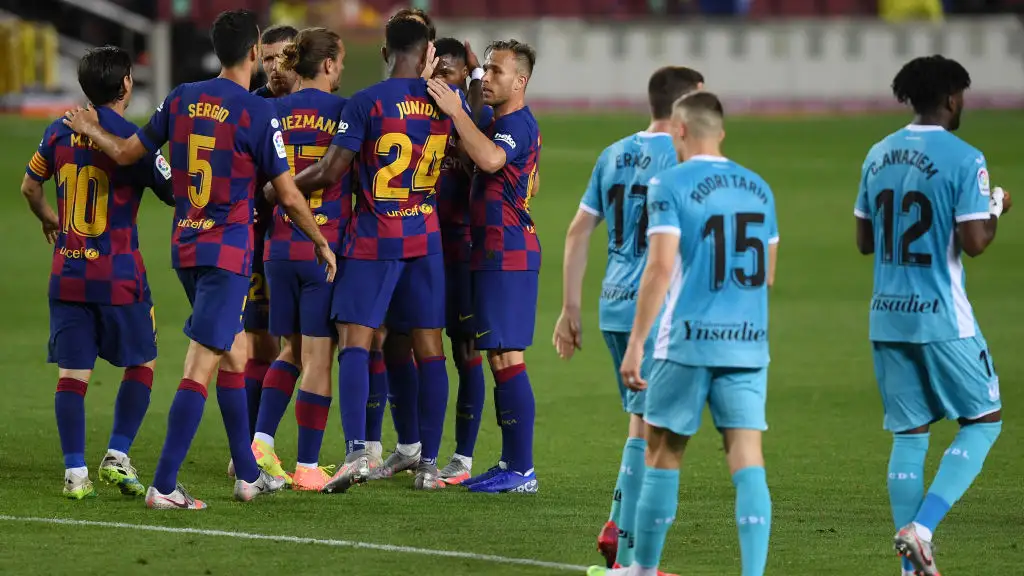 El Barcelona celebra el gol de Ansu Fati al Legan&eacute;s