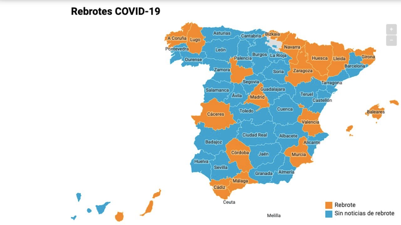 Map of coronavirus outbreaks in Spain today Thursday, June 25