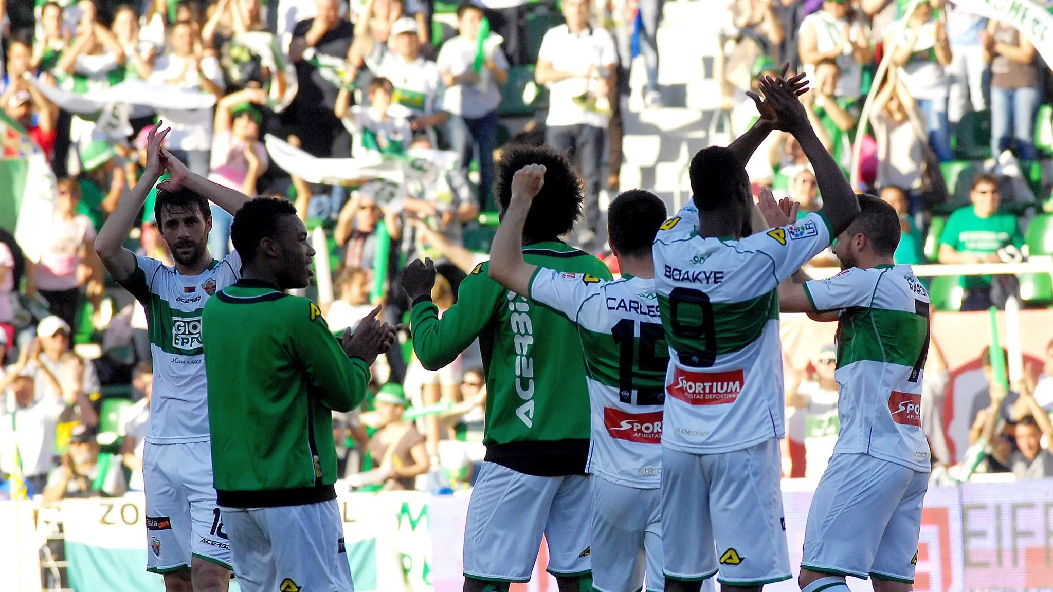 Los jugadores del Elche CF celebran una victoria junto a su afición Los jugadores del Elche CF celebran una victoria junto a su afición