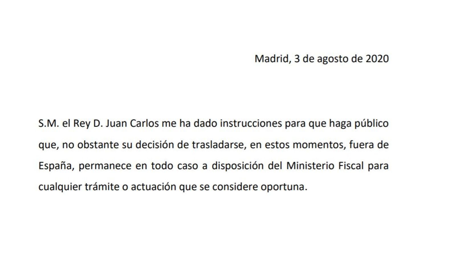 El rey Juan Carlos permanece a disposición de la Fiscalía para cualquier trámite tras anunciar que se marcha de España