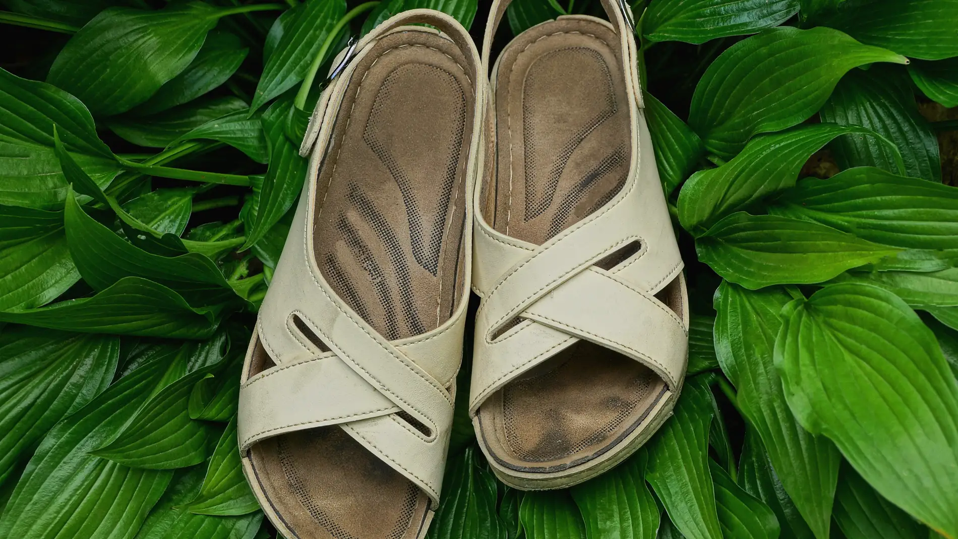 Sandalias desgastadas con la marca de los dedos