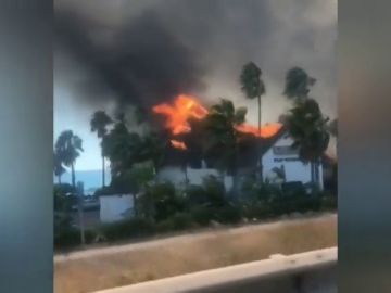 Un incendio forestal en Estepona calcina un centro comercial y afecta gravemente a un hotel