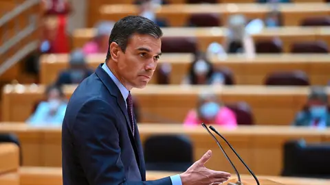 El presidente del Gobierno, Pedro Sánchez, en el pleno del Senado donde ha comparecido para informar sobre la evolución y gestión de la pandemia del coronavirus en diferentes ámbitos. El presidente del Gobierno, Pedro Sánchez, en el pleno del Senado donde ha comparecido para informar sobre la evolución y gestión de la pandemia del coronavirus en diferentes ámbitos.
