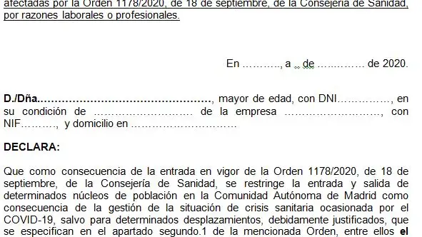 Justificante de movilidad covid para la Comunidad de Madrid por motivos laborales para descargar Madrid