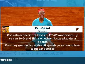El rey Felipe VI, Fernando Alonso, Pau Gasol o Carolina Marín: el mundo se rinde a Rafa Nadal tras su 13º Roland Garros 