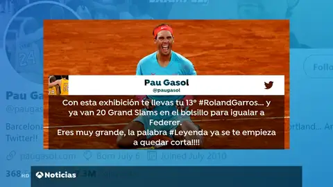 El rey Felipe VI, Fernando Alonso, Pau Gasol o Carolina Marín: el mundo se rinde a Rafa Nadal tras su 13º Roland Garros El rey Felipe VI, Fernando Alonso, Pau Gasol o Carolina Marín: el mundo se rinde a Rafa Nadal tras su 13º Roland Garros