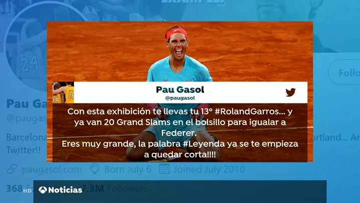 El rey Felipe VI, Fernando Alonso, Pau Gasol o Carolina Marín: el mundo se rinde a Rafa Nadal tras su 13º Roland Garros El rey Felipe VI, Fernando Alonso, Pau Gasol o Carolina Marín: el mundo se rinde a Rafa Nadal tras su 13º Roland Garros