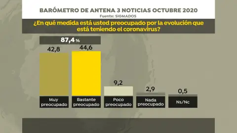 Barómetro: más del 87% de los españoles están bastante o muy preocupados por la segunda ola del coronavirus Barómetro: más del 87% de los españoles están bastante o muy preocupados por la segunda ola del coronavirus