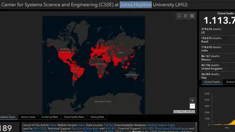 Imagen del mapa de la Universidad Johns Hopkins el lunes 19 de octubre Imagen del mapa de la Universidad Johns Hopkins el lunes 19 de octubre