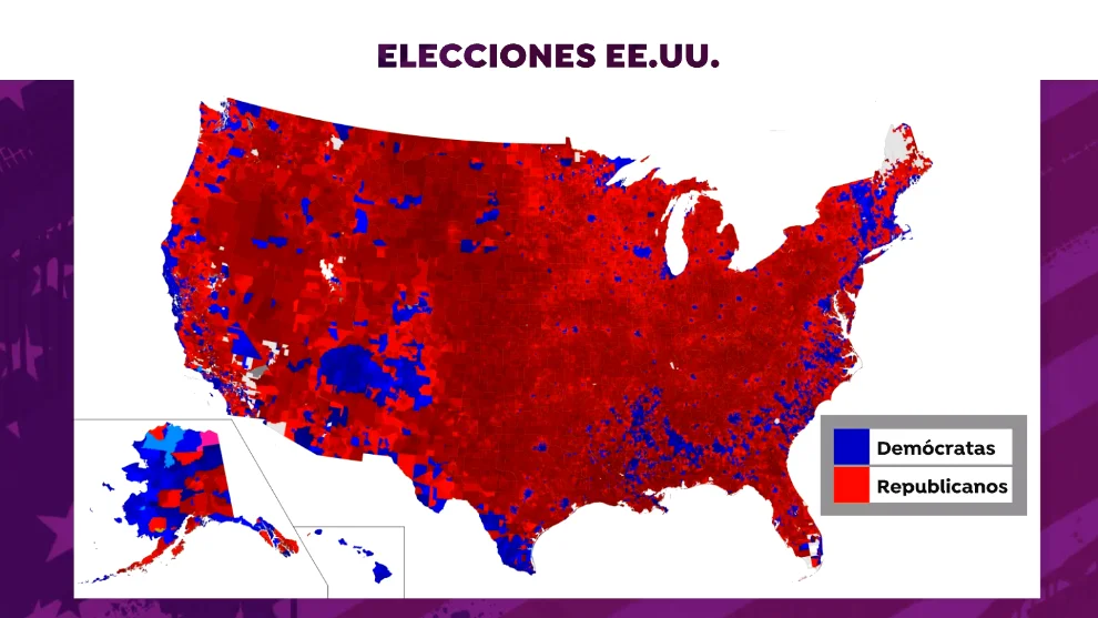 El mapa que refleja c&oacute;mo se divide el voto republicano y dem&oacute;crata por zonas en las elecciones de Estados Unidos 