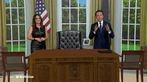 Matías Prats y Mónica Carrillo bromean sobre si aparece Donald Trump en el despacho oval recreado en realidad aumentada Matías Prats y Mónica Carrillo bromean sobre si aparece Donald Trump en el despacho oval recreado en realidad aumentada
