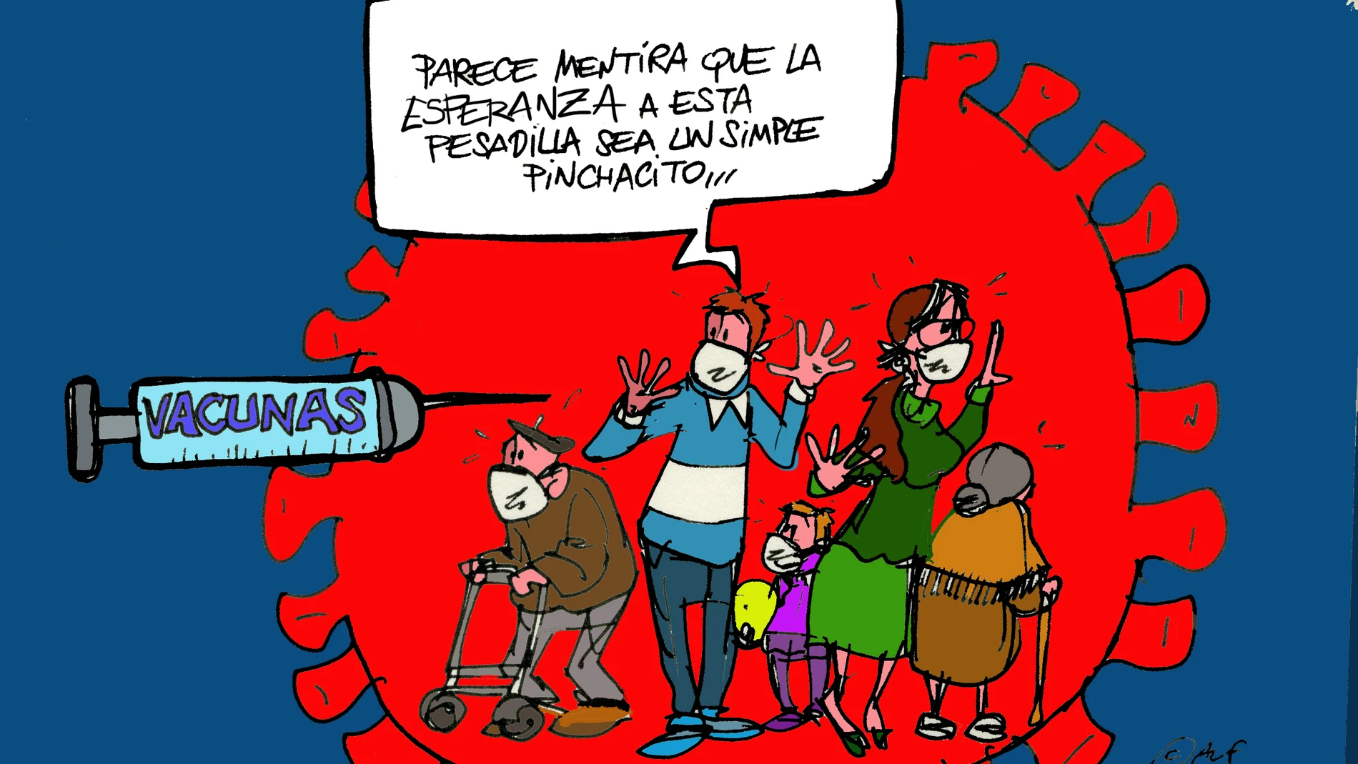 La esperanza en la vacuna contra el coronavirus, en la viñeta gráfica de Alfredo Boto-Hervás La esperanza en la vacuna contra el coronavirus, en la viñeta gráfica de Alfredo Boto-Hervás