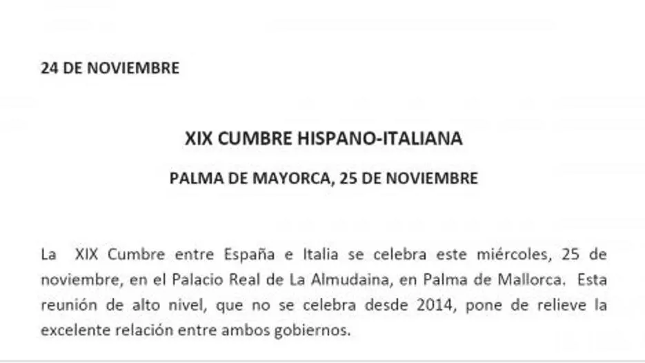 Falta de ortografía en una nota oficial Cumbre hispano-italiana