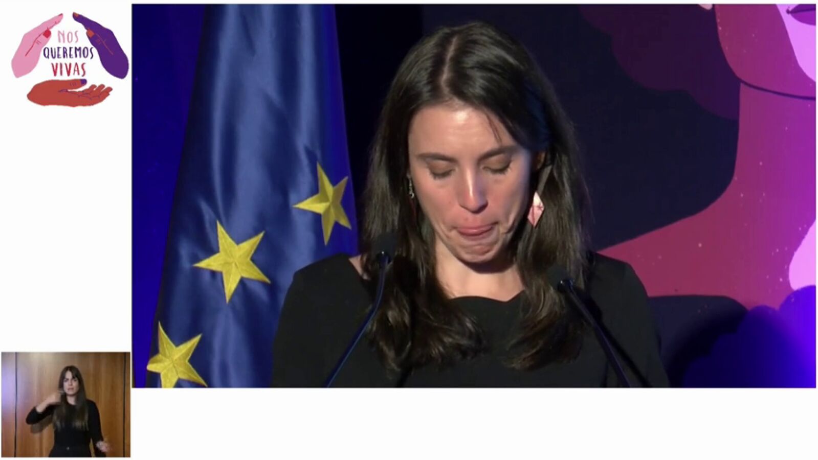 Irene Montero rompe a llorar en el acto por el Día contra la Violencia de Género