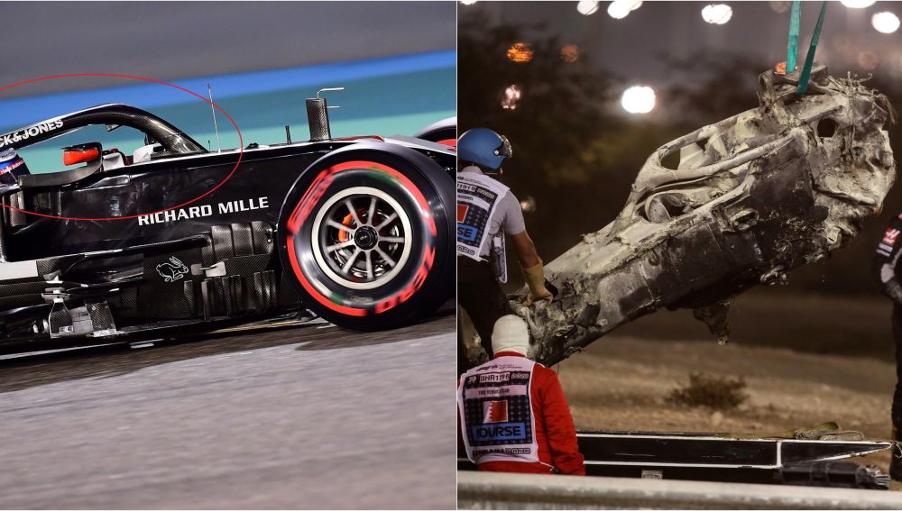 El Halo de Grosjean y su monoplaza tras el accidente