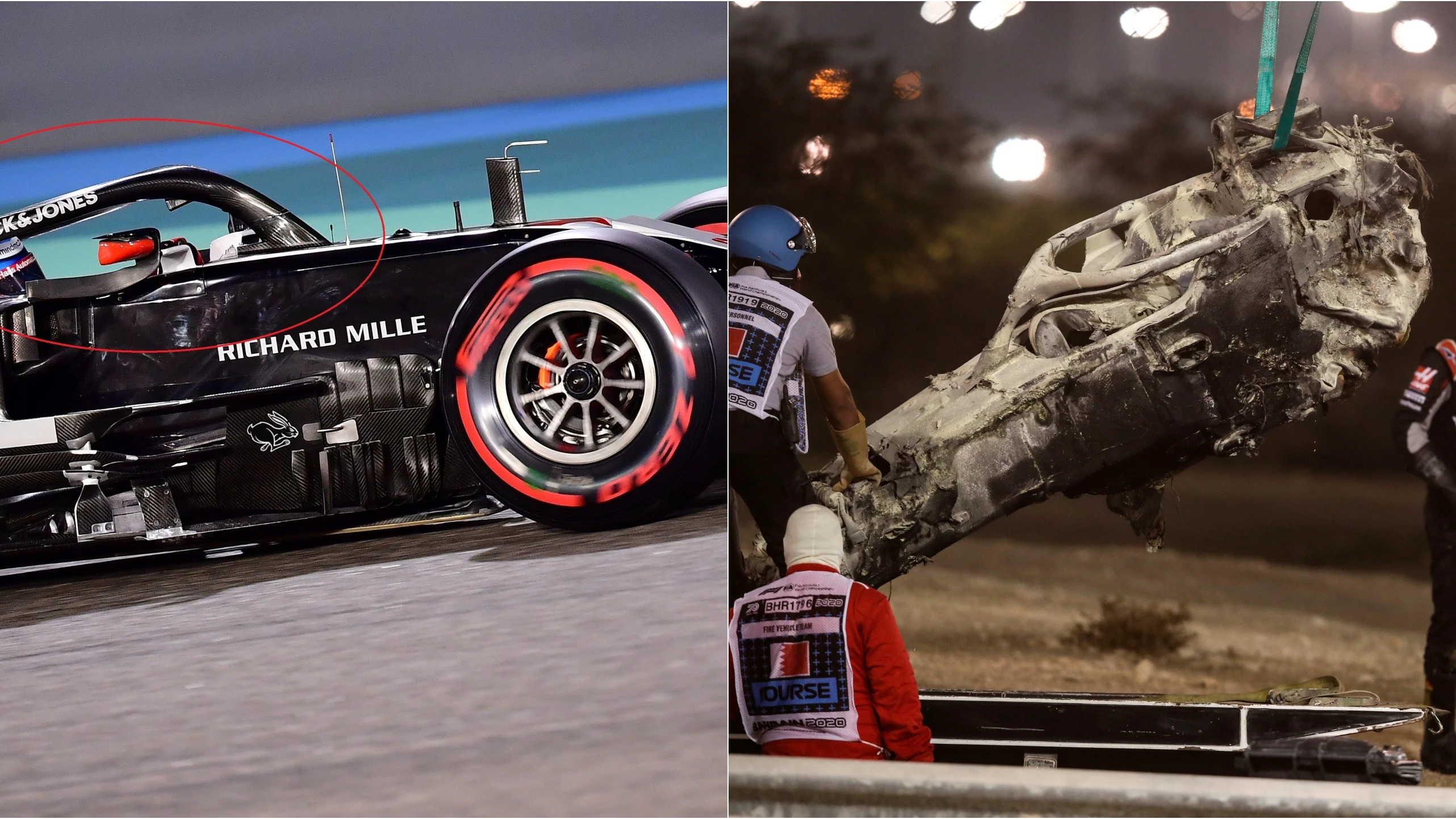 El Halo de Grosjean y su monoplaza tras el accidente