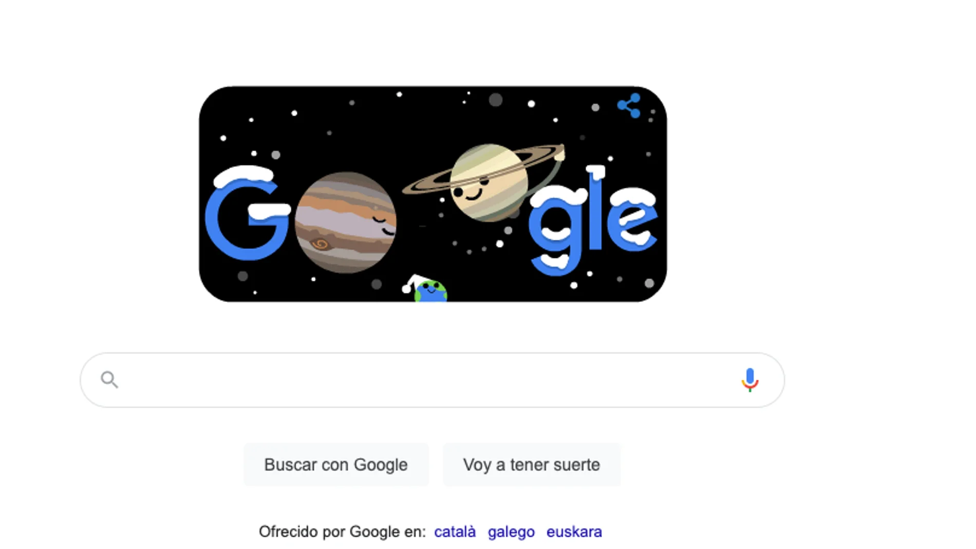 Imagen del doodle de Google con motivo del solsticio de invierno y la Gran Conjunción Imagen del doodle de Google con motivo del solsticio de invierno y la Gran Conjunción
