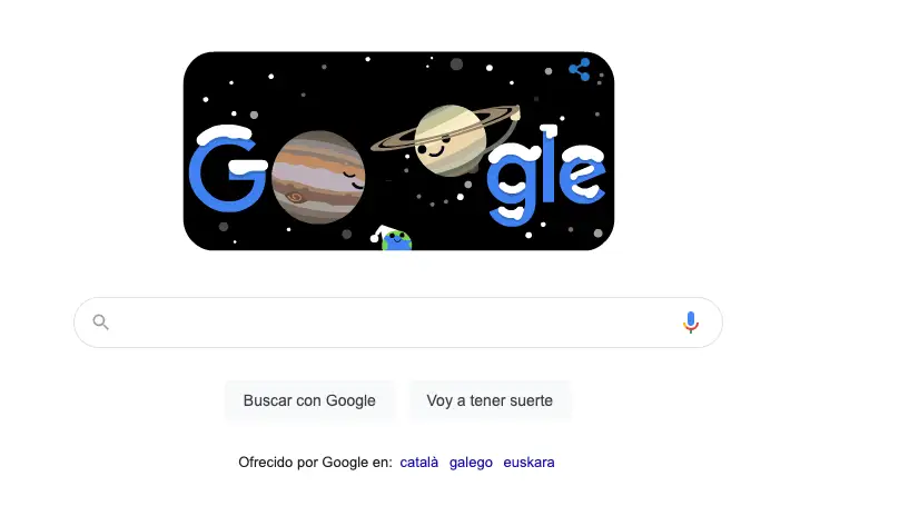 Imagen del doodle de Google con motivo del solsticio de invierno y la Gran Conjunción Imagen del doodle de Google con motivo del solsticio de invierno y la Gran Conjunción