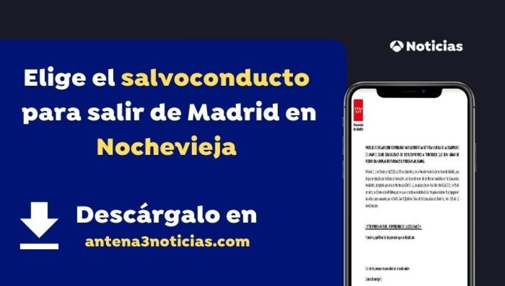 Imagen del salvoconducto para desplazarse de Madrid por Nochevieja