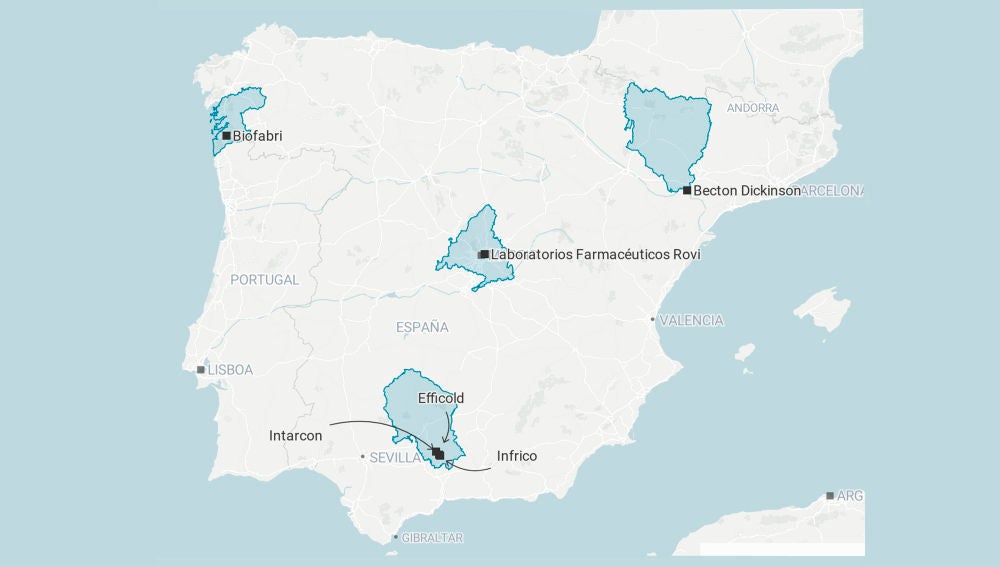 Mapa de la fabricación de la vacuna contra el coronavirus en España