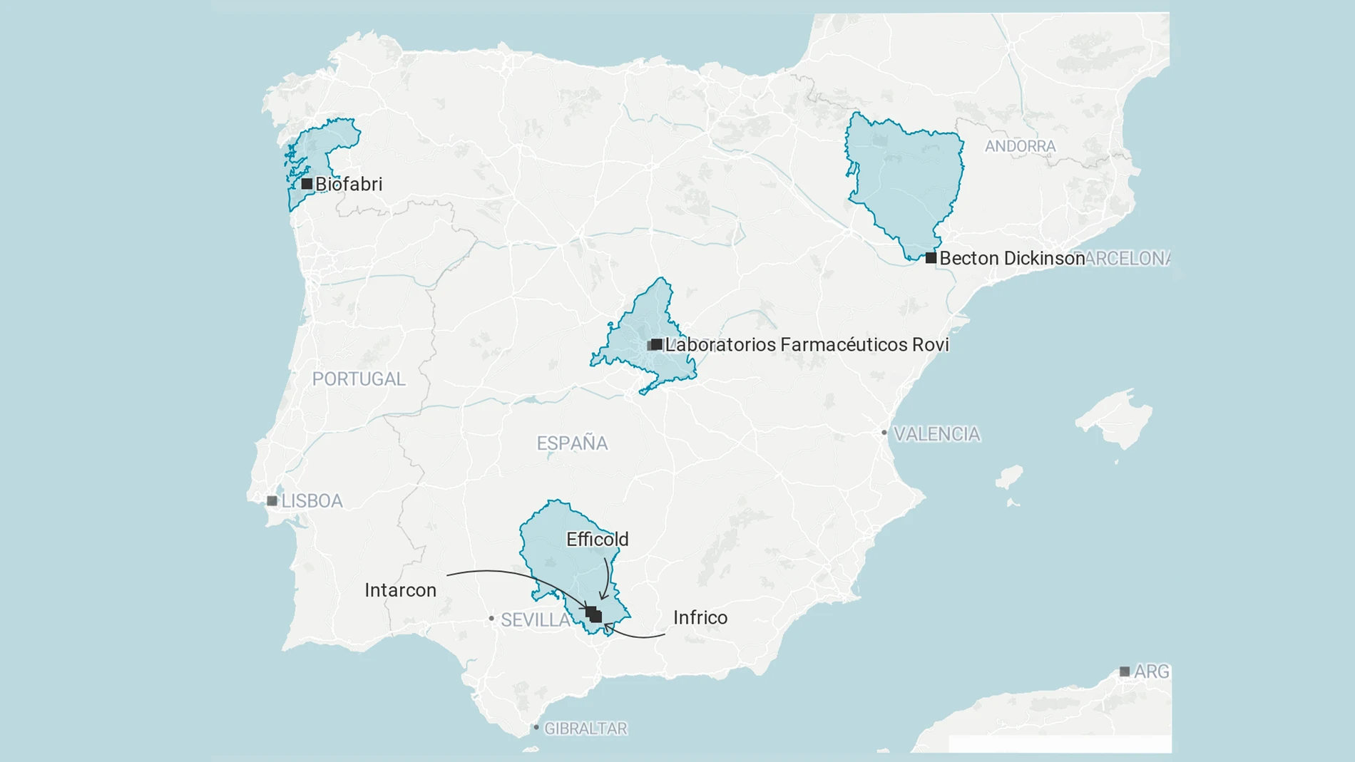 Mapa de la fabricación de la vacuna contra el coronavirus en España Mapa de la fabricación de la vacuna contra el coronavirus en España