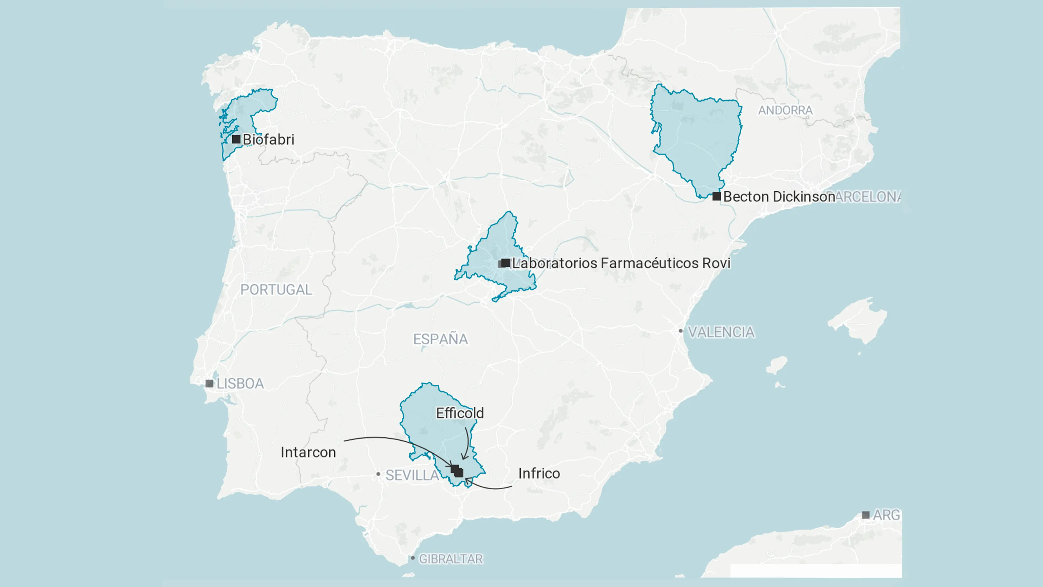 Mapa de la fabricación de la vacuna contra el coronavirus en España Mapa de la fabricación de la vacuna contra el coronavirus en España