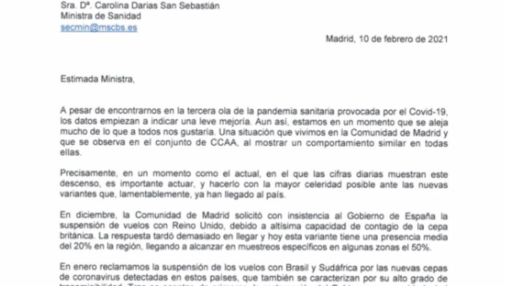 Imagen de la carta remitida por la Comunidad de Madrid a Carolina Darias
