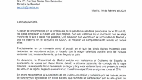 Imagen de la carta remitida por la Comunidad de Madrid a Carolina Darias Imagen de la carta remitida por la Comunidad de Madrid a Carolina Darias