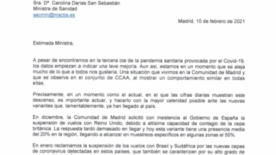 Imagen de la carta remitida por la Comunidad de Madrid a Carolina Darias Imagen de la carta remitida por la Comunidad de Madrid a Carolina Darias